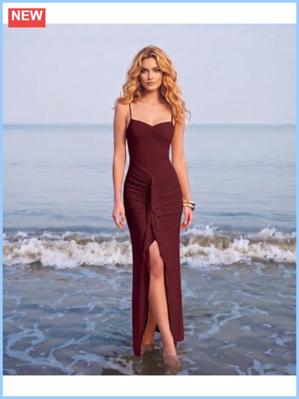 Spaghetti Strap Bodycon Maxi Dress with Slit Ruffle Mesh Ruched Formal - Picture 5 of 6